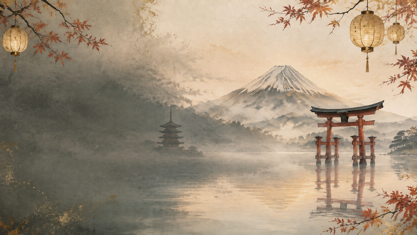 Illustration du mont Fuji, d’une pagode, d’un torii et de lanternes au bord d’un lac